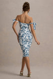 Citrus Blue Porcelain Print Bardot Bodycon Midi Dress With Bow Sleeves