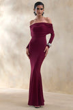 Brisea Burgundy Bardot Neck Maxi Dress