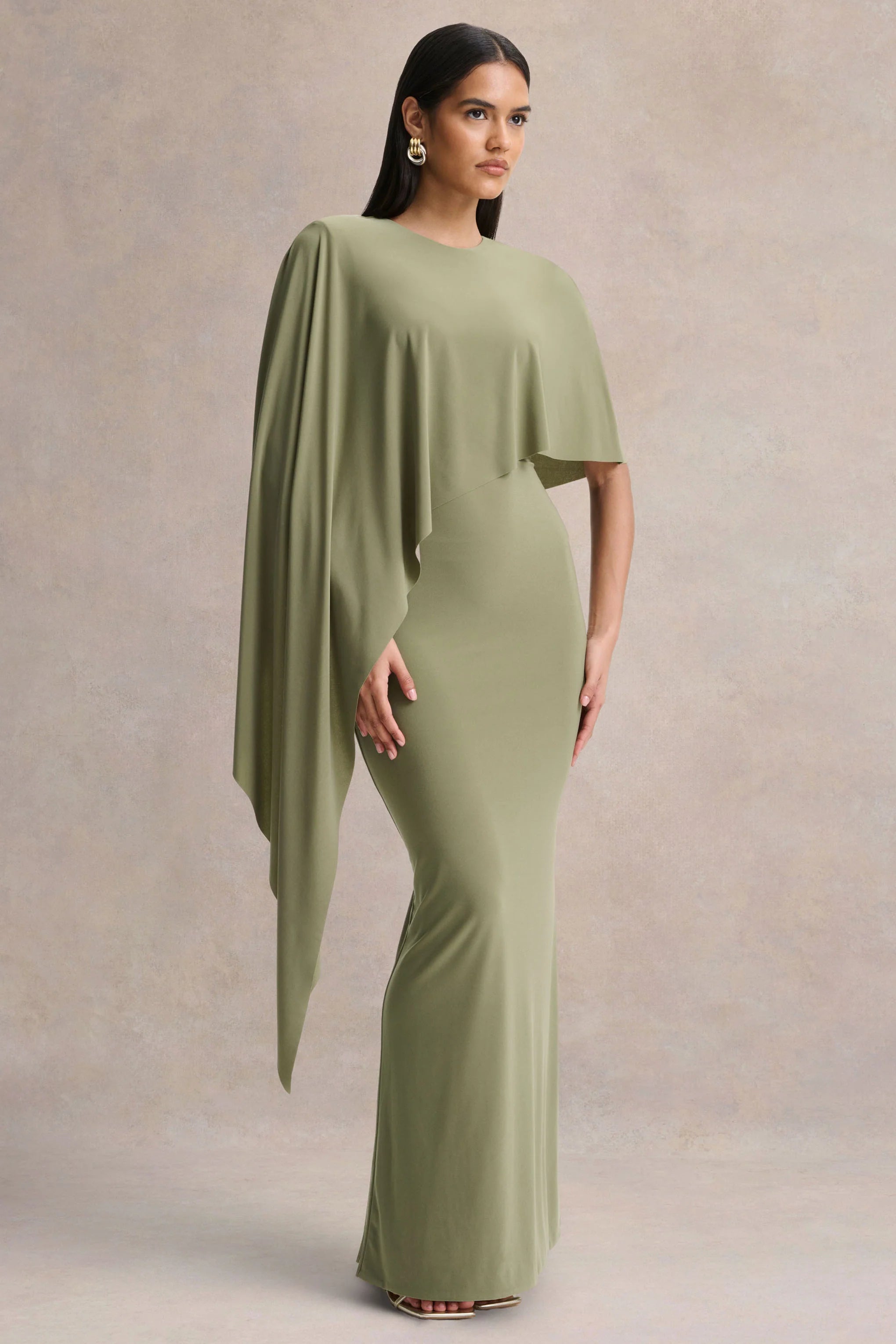 Ravena Olive Crew Neck Maxi Dress With Asymmetric Cape Sleeve
