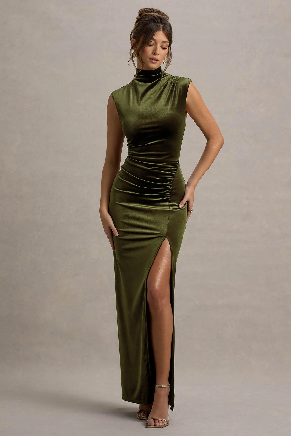 Abilene Olive Velvet High Neck Split Maxi Dress