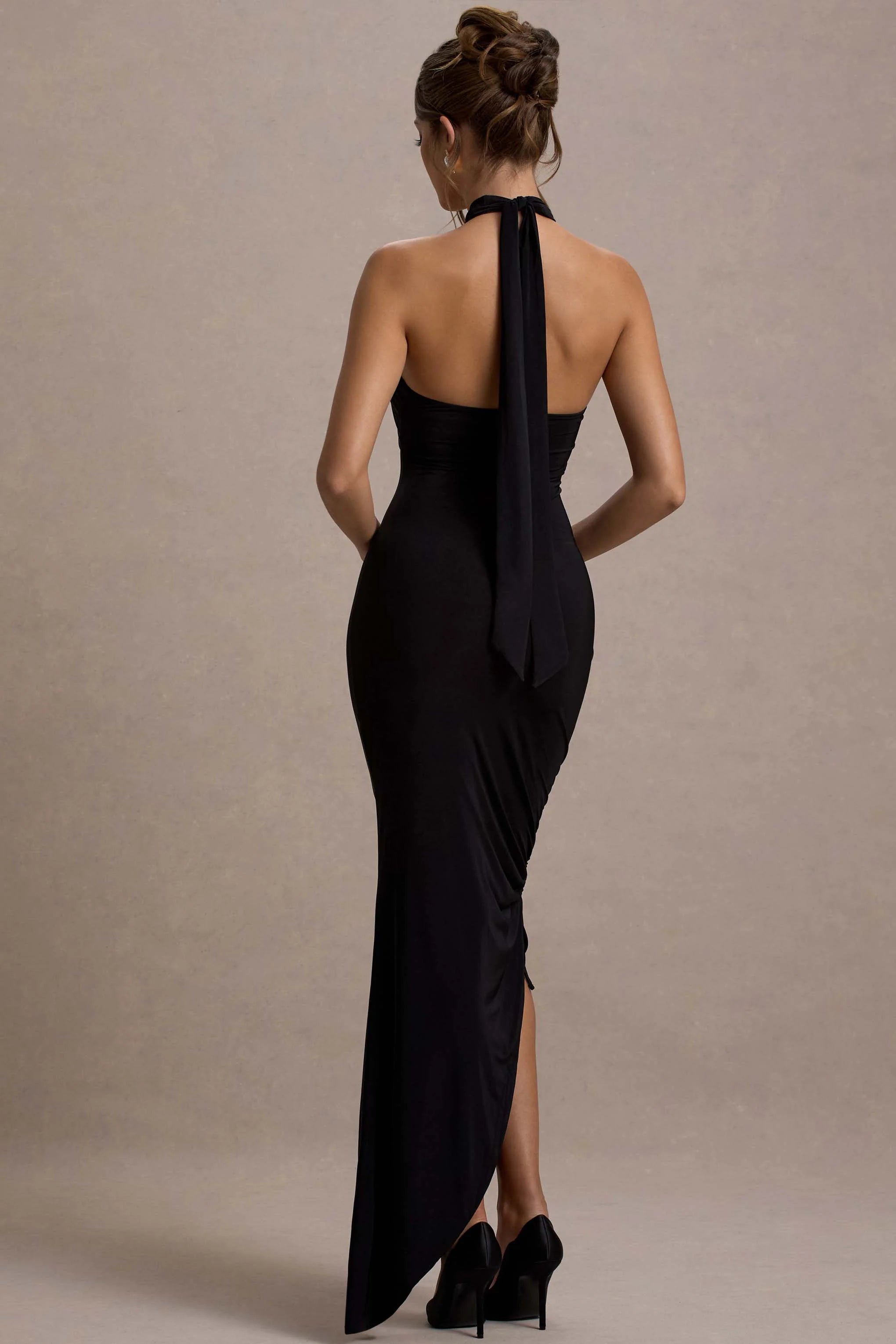 Jaiya Black Ruched Halter Neck Asymmetric Maxi Dress