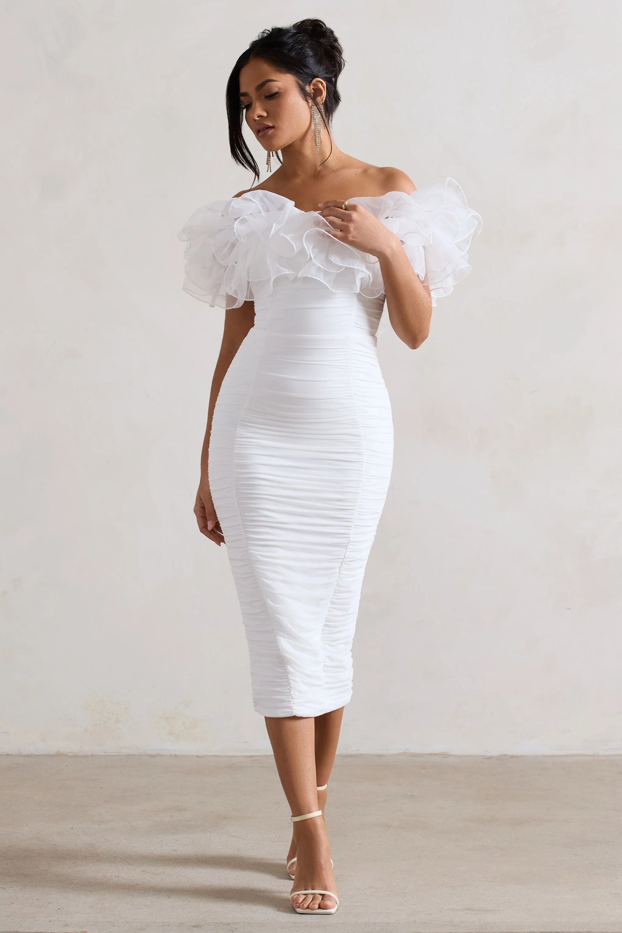 Ladylike White Ruched Bardot Midi Dress With Organza Trim