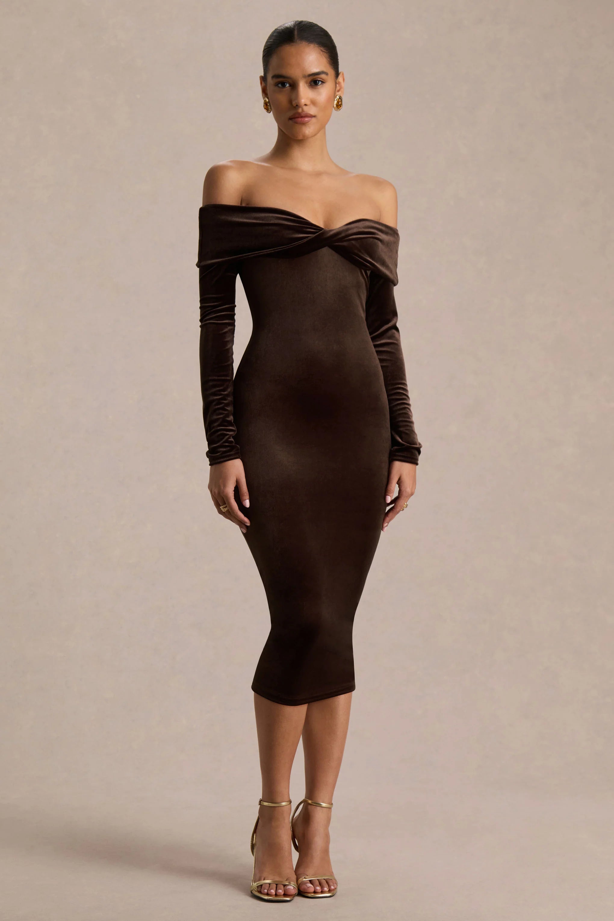 Compliment Brown Velvet Bardot Midi Dress