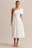 Meria White Asymmetric Neck Midi Dress With Bow Sleeve