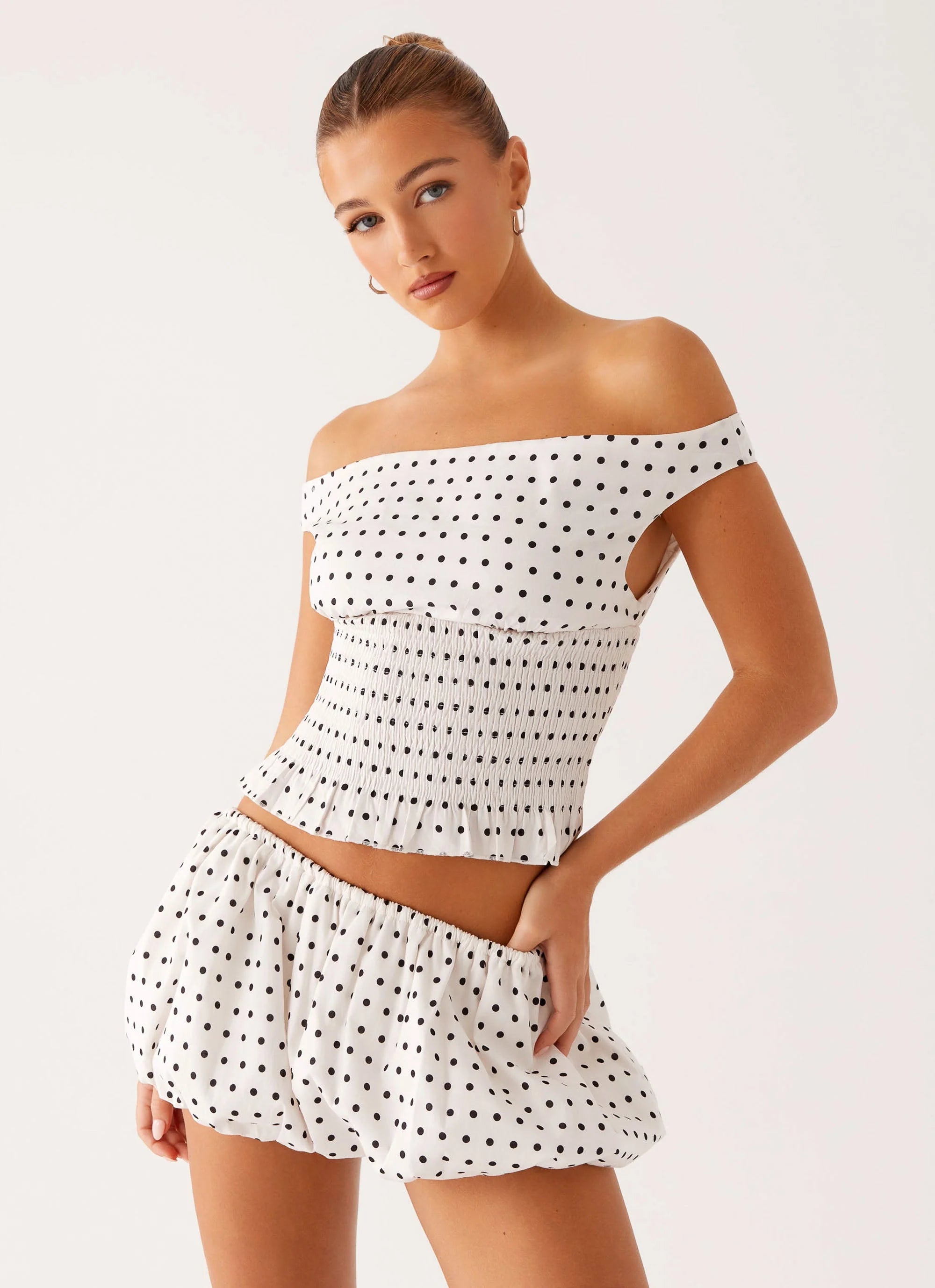 Heather Off Shoulder Top White Black Polka Dot