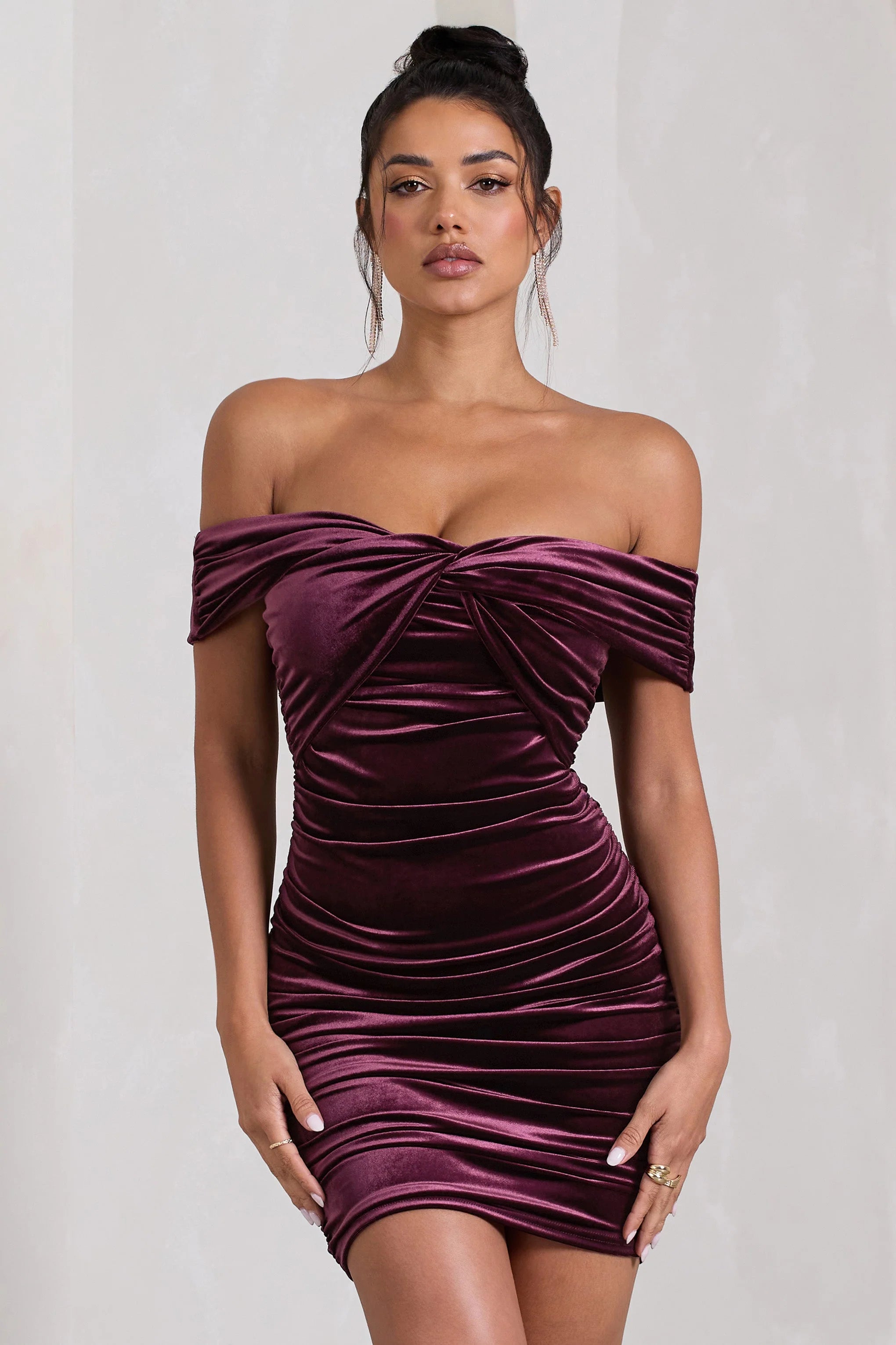 Appreciate Port Velvet Twisted Bardot Ruched Mini Dress