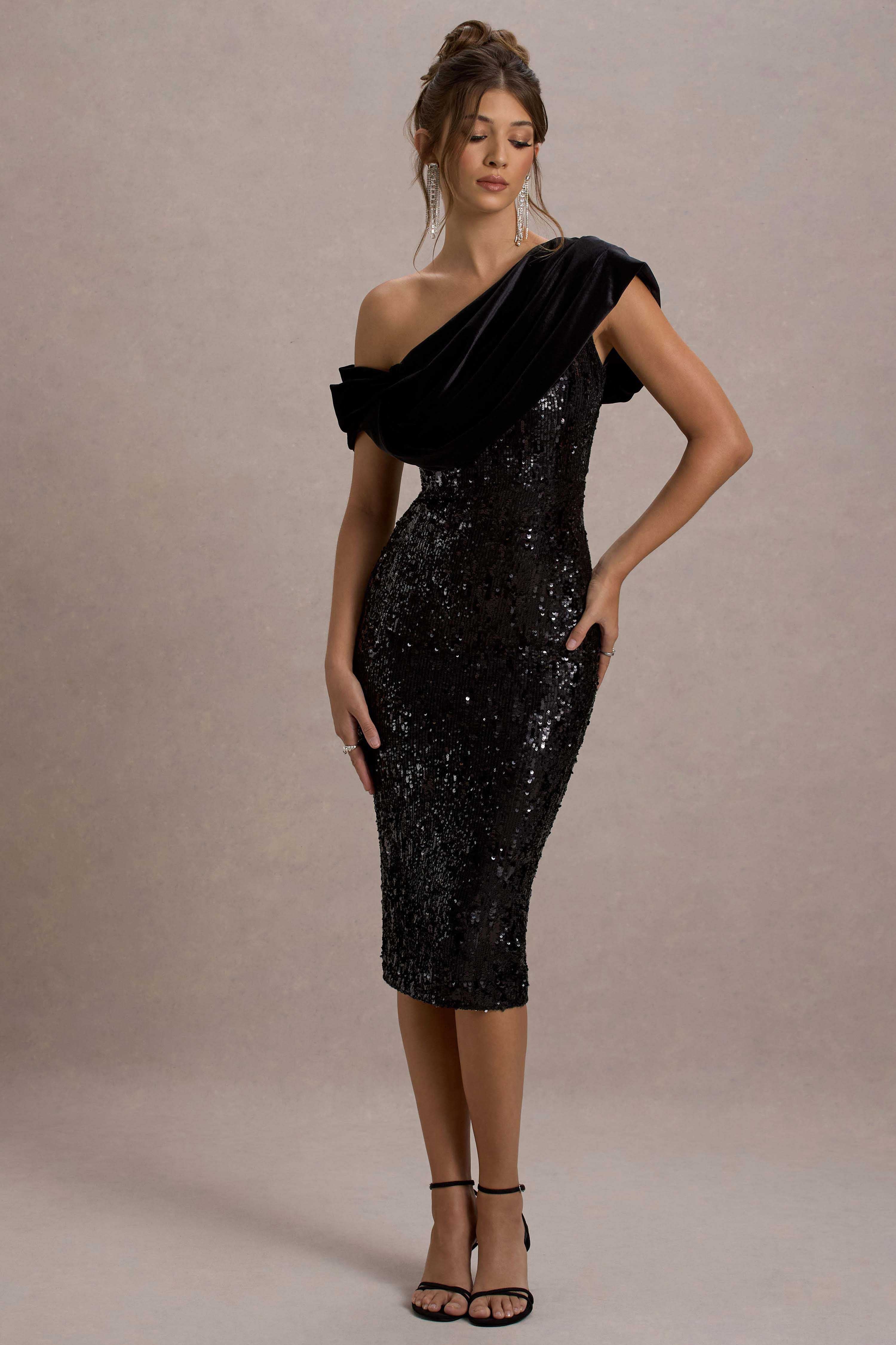 Volute Black Sequin One Shoulder Draped Midi Dress