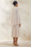 Honora Cream High Neck Midi Dress With Cape Sleeves