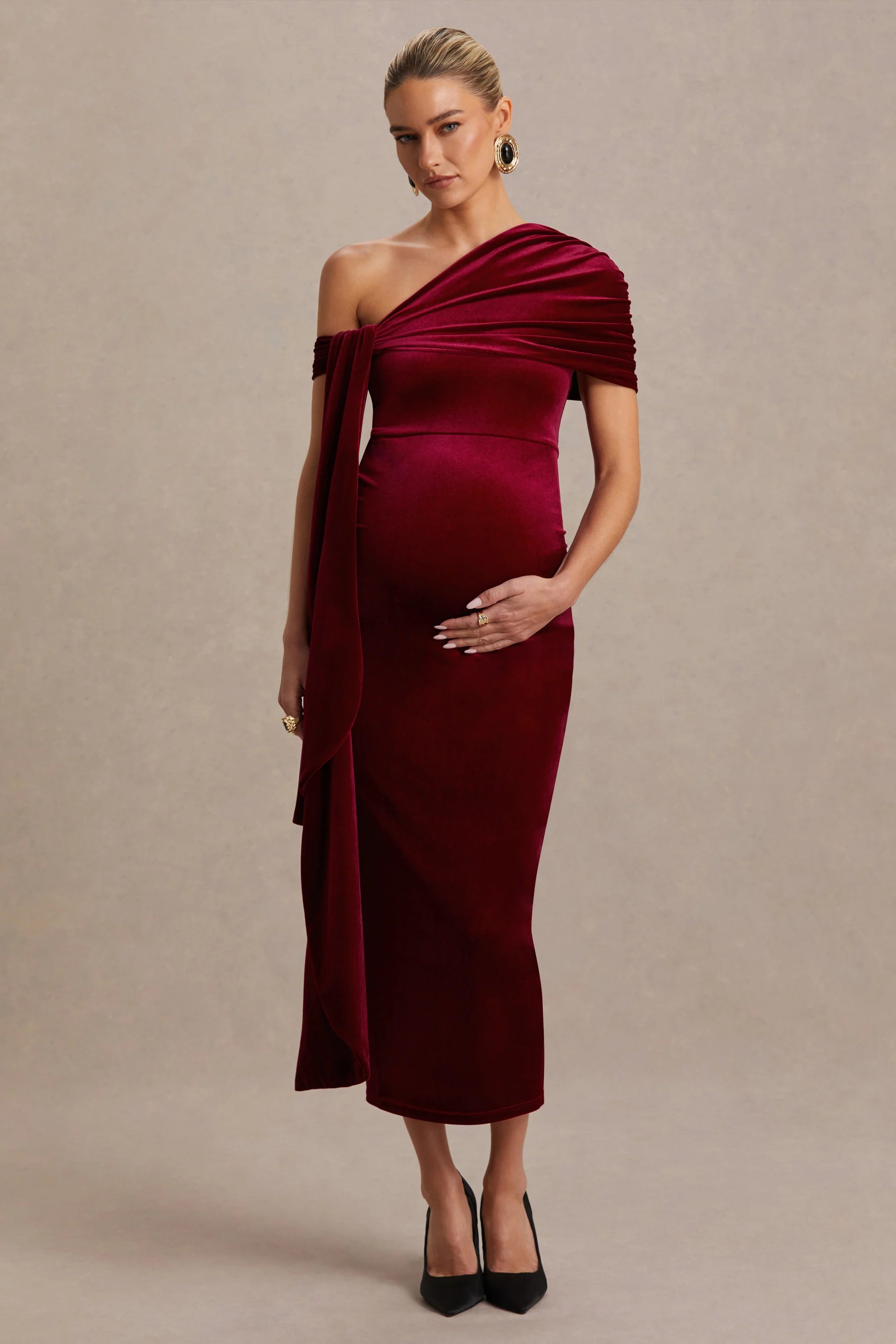Zena Burgundy Velvet Asymmetric Neck Maternity Midi Dress With Knot And Sash Detail