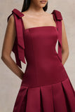 Alberta Burgundy Satin Square Neck Midi Dress With Bow Straps