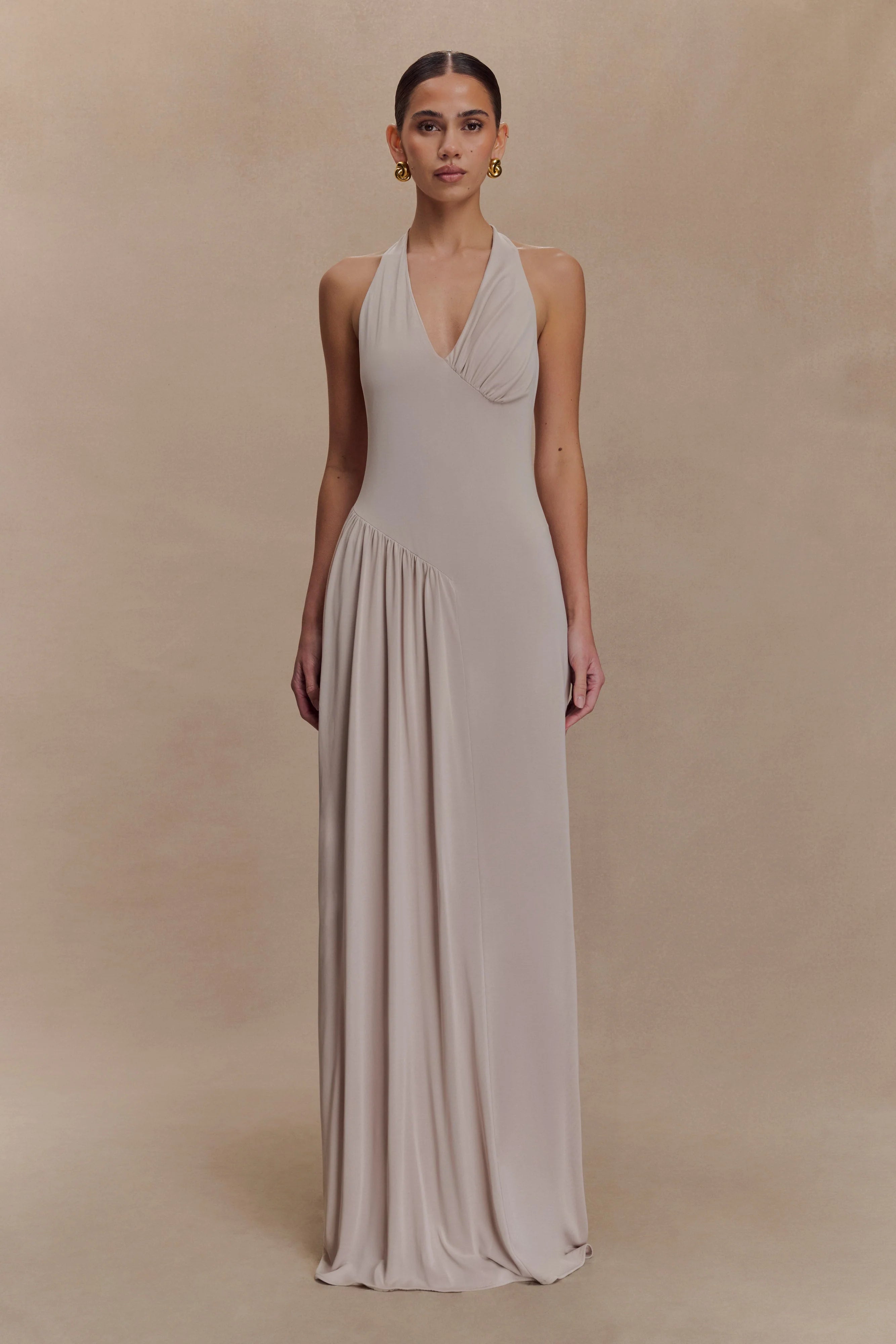 Yelena Ruched Halter Maxi Dress Taupe