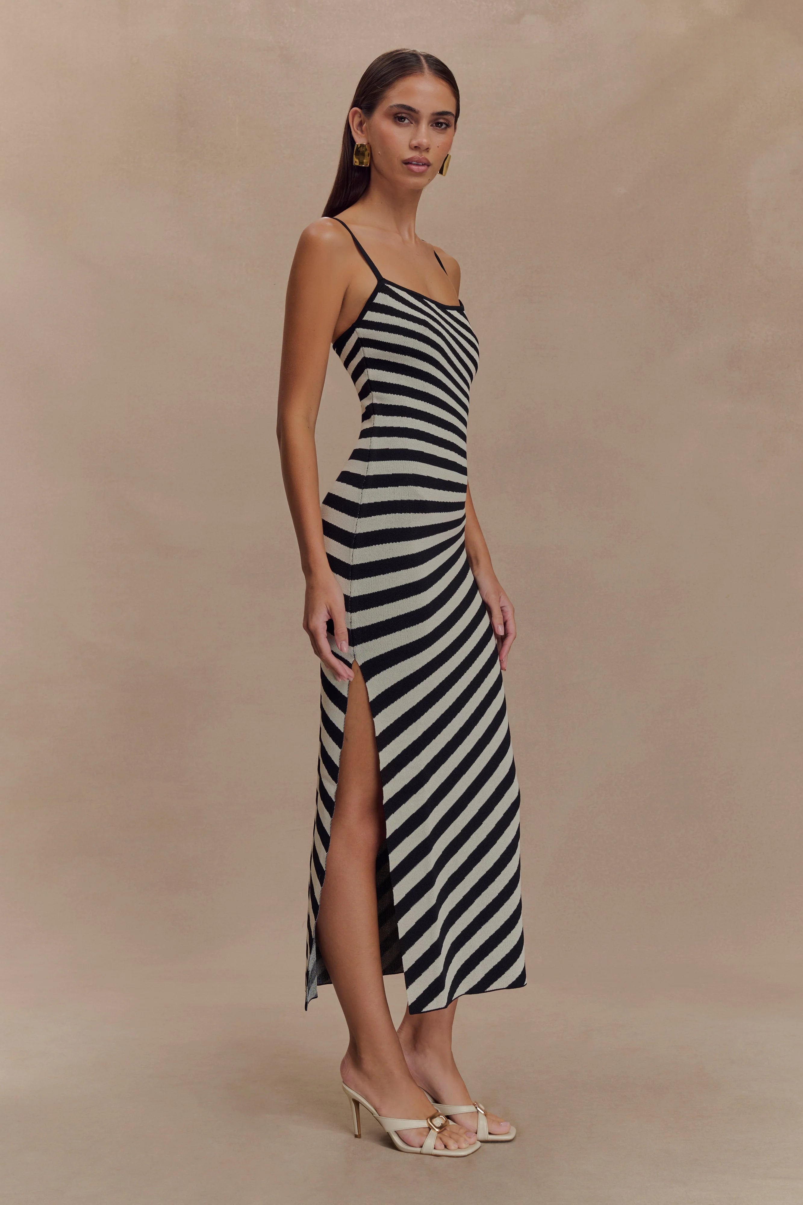 Raven Striped Knit Midi Dress Black White