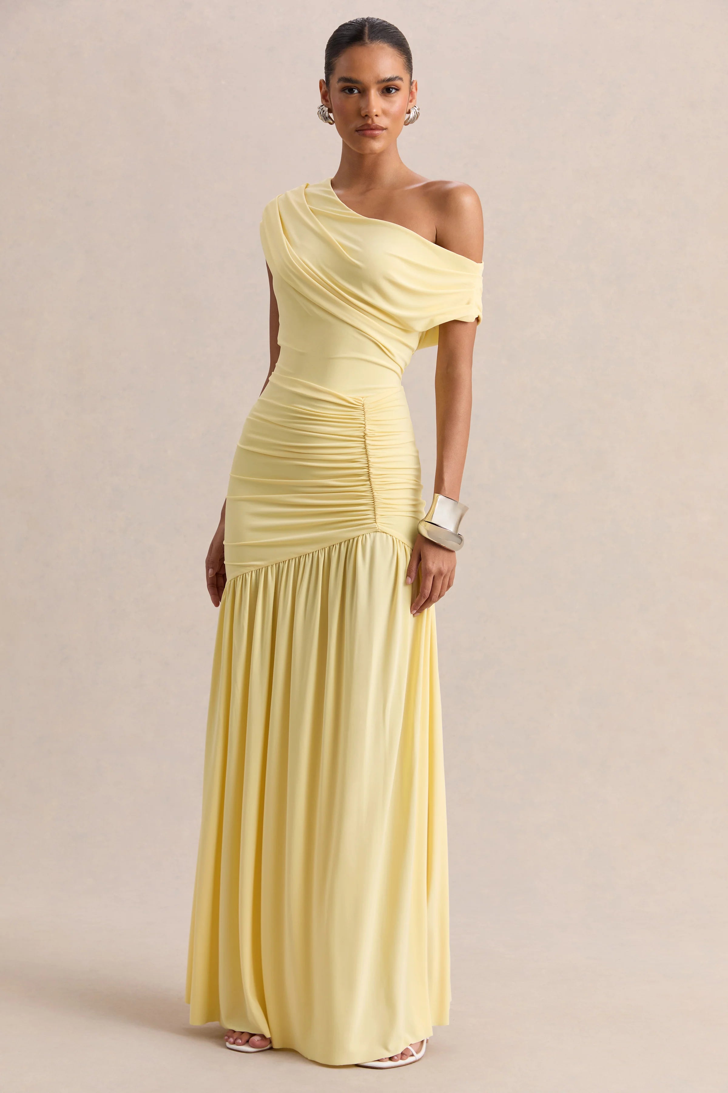Kady Lemon Asymmetric Neck Maxi Dress With Ruched Detailing