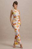 Dalarie Bright Floral Print One Shoulder Gathered Maxi Dress