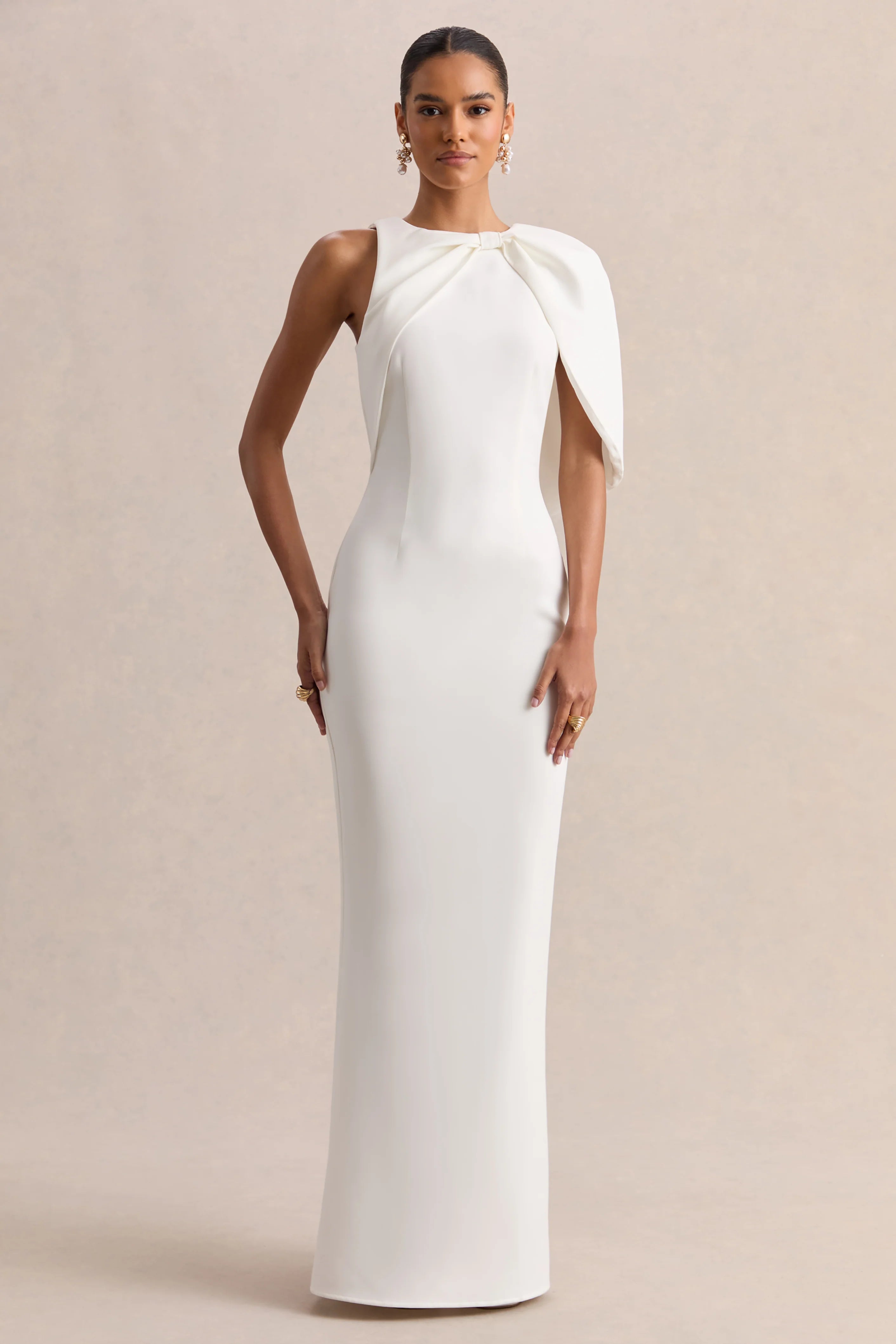 Quira White Asymmetric Neck Maxi Dress With Cape Sleeve