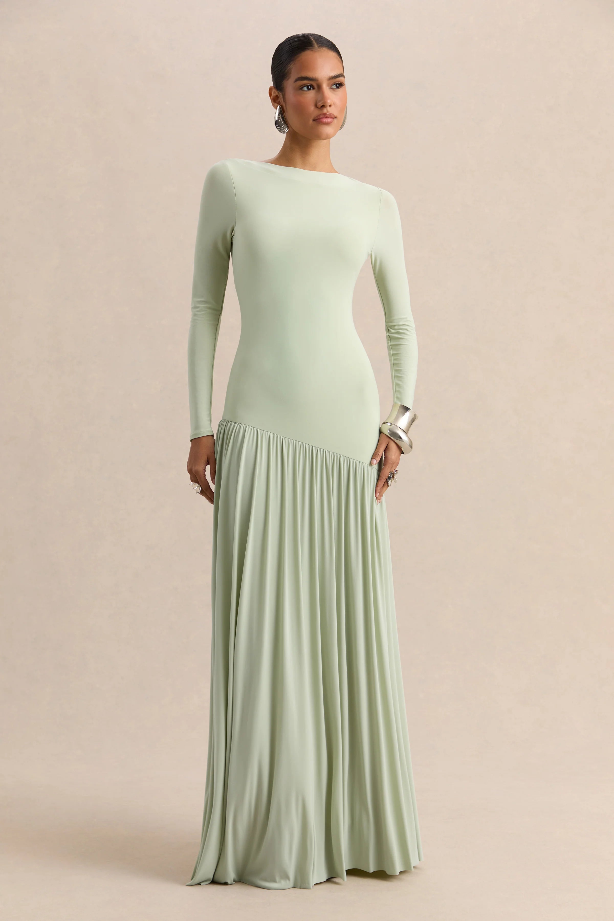 Jasira Mint Crew Neck Maxi Dress With Asymmetric Drop Waist