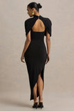 Enchant Black Asymmetric Twisted Cape Midi Dress