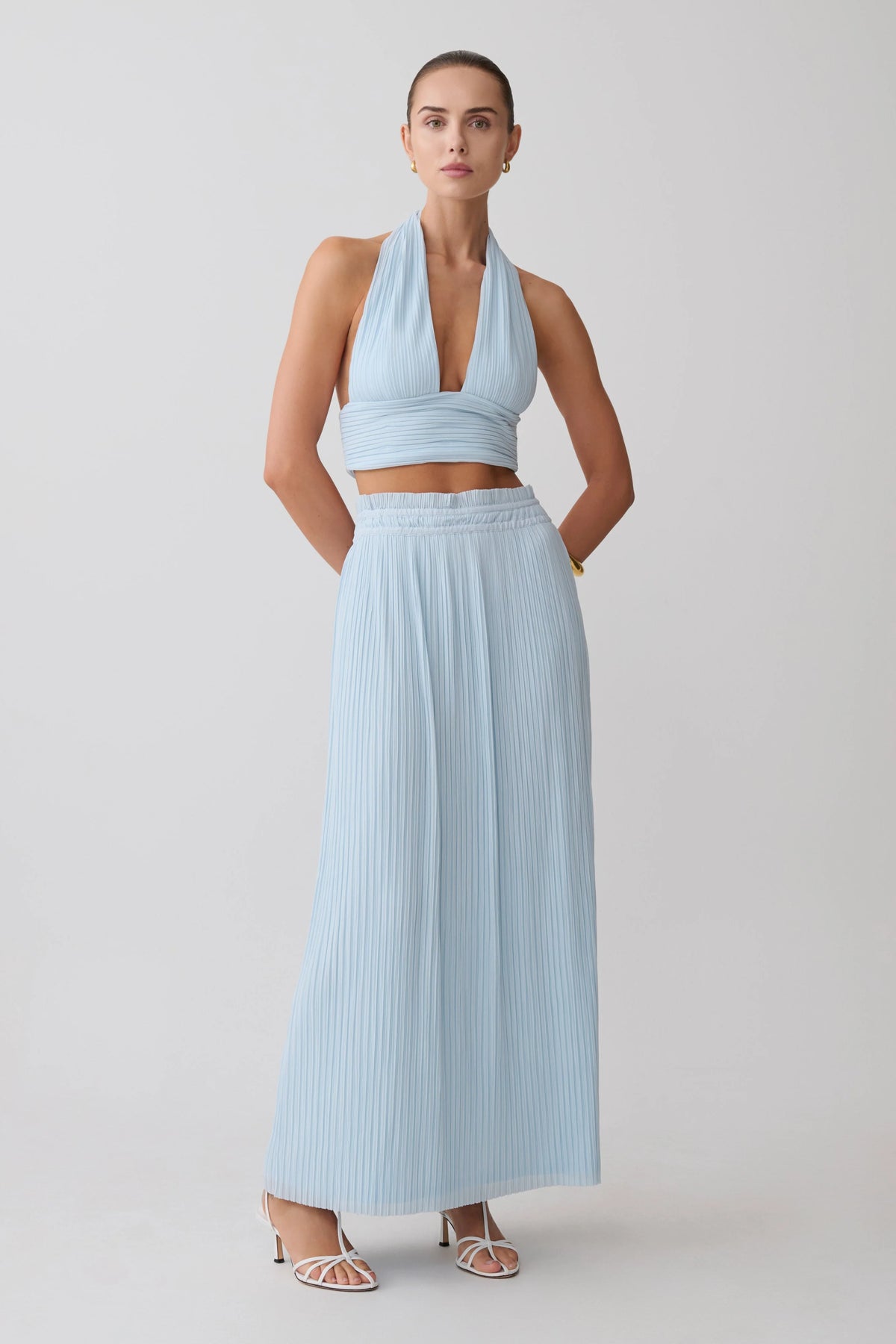 Amaris Gathered Plisse Maxi Skirt Pale Blue
