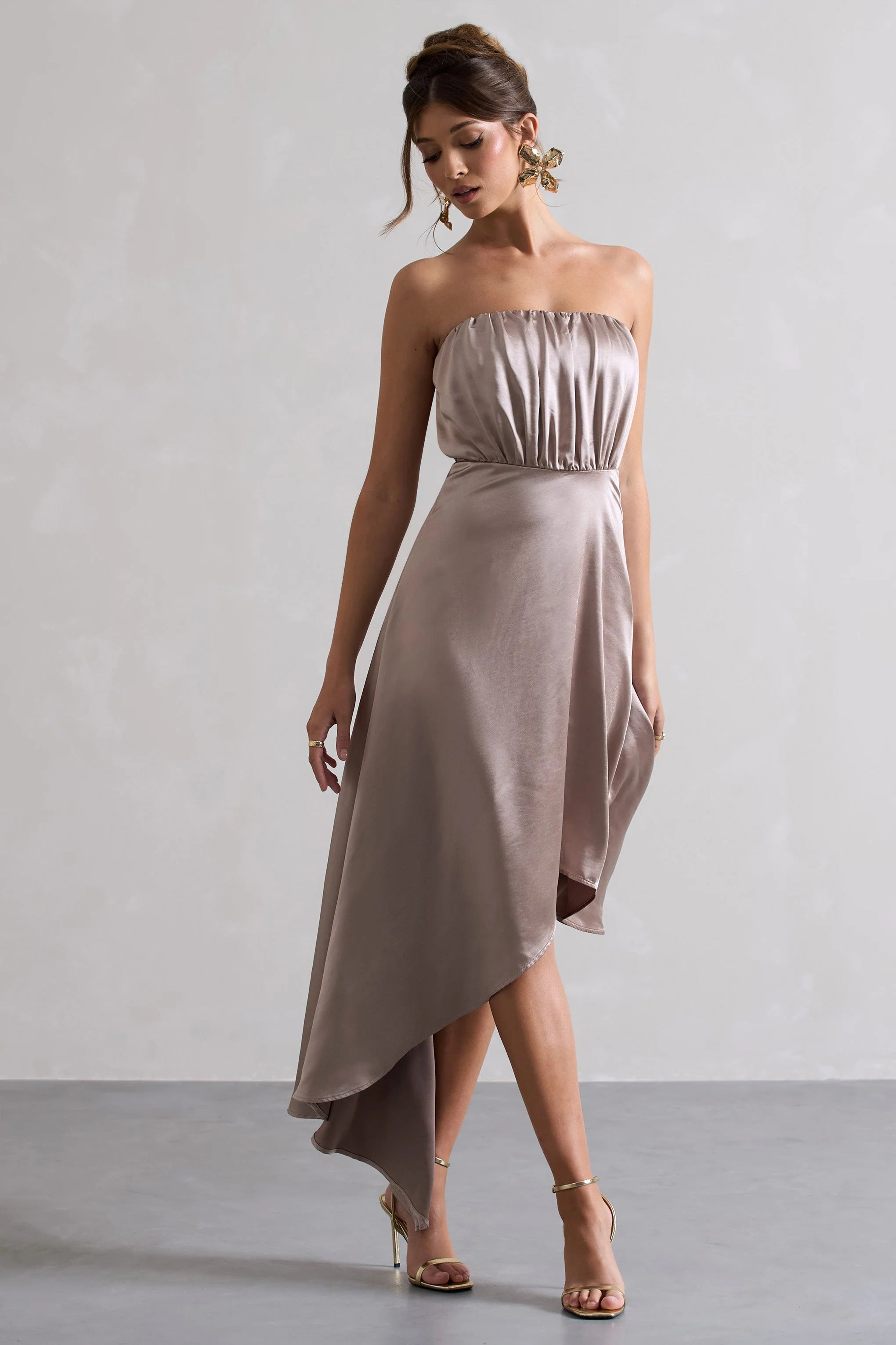 Willa Taupe Satin Bandeau Maxi Dress With Asymmetric Hem