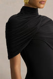 Enchant Black Asymmetric Twisted Cape Midi Dress