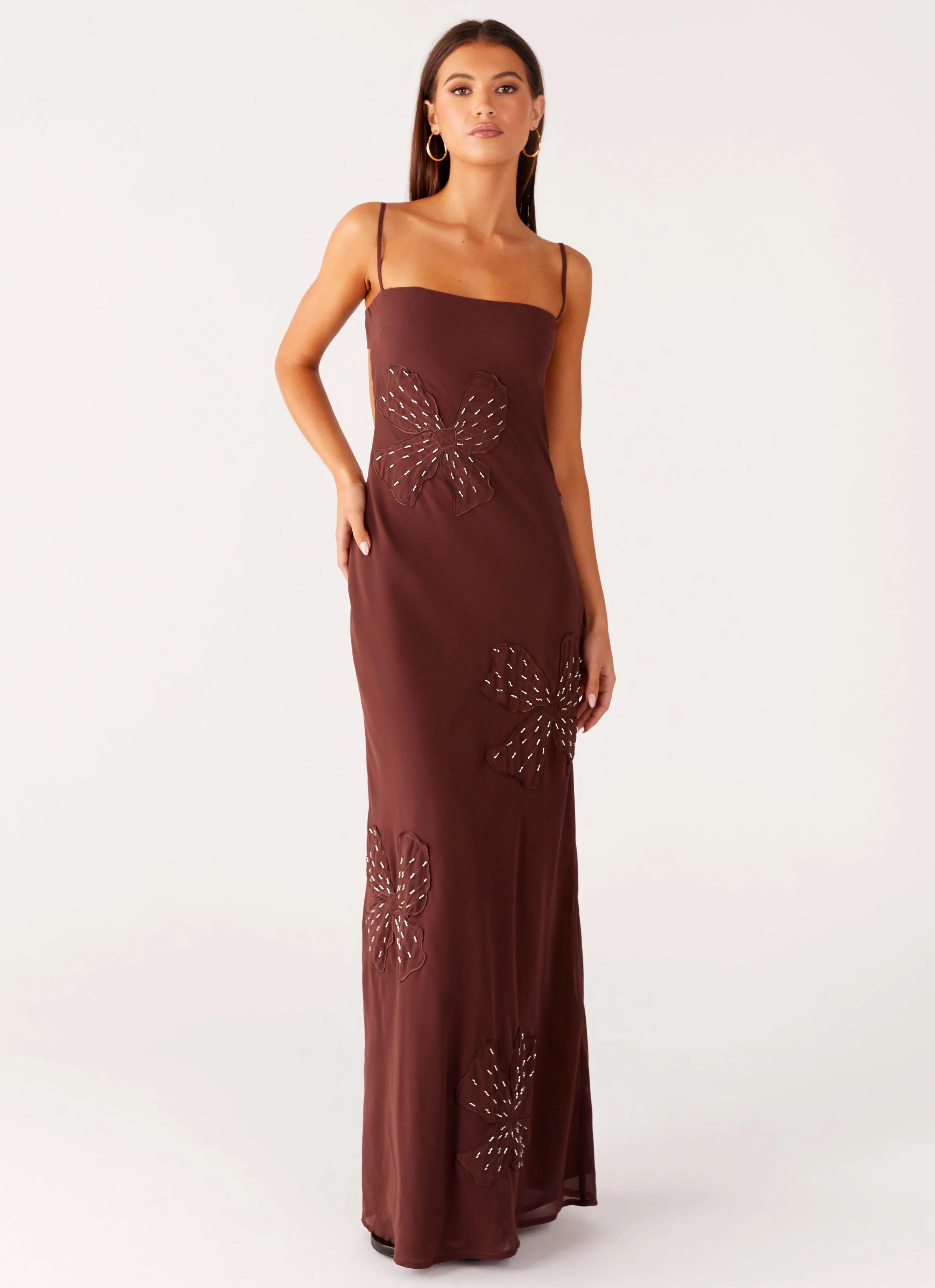 Bayla Beaded Flower Maxi Dress Chocolate