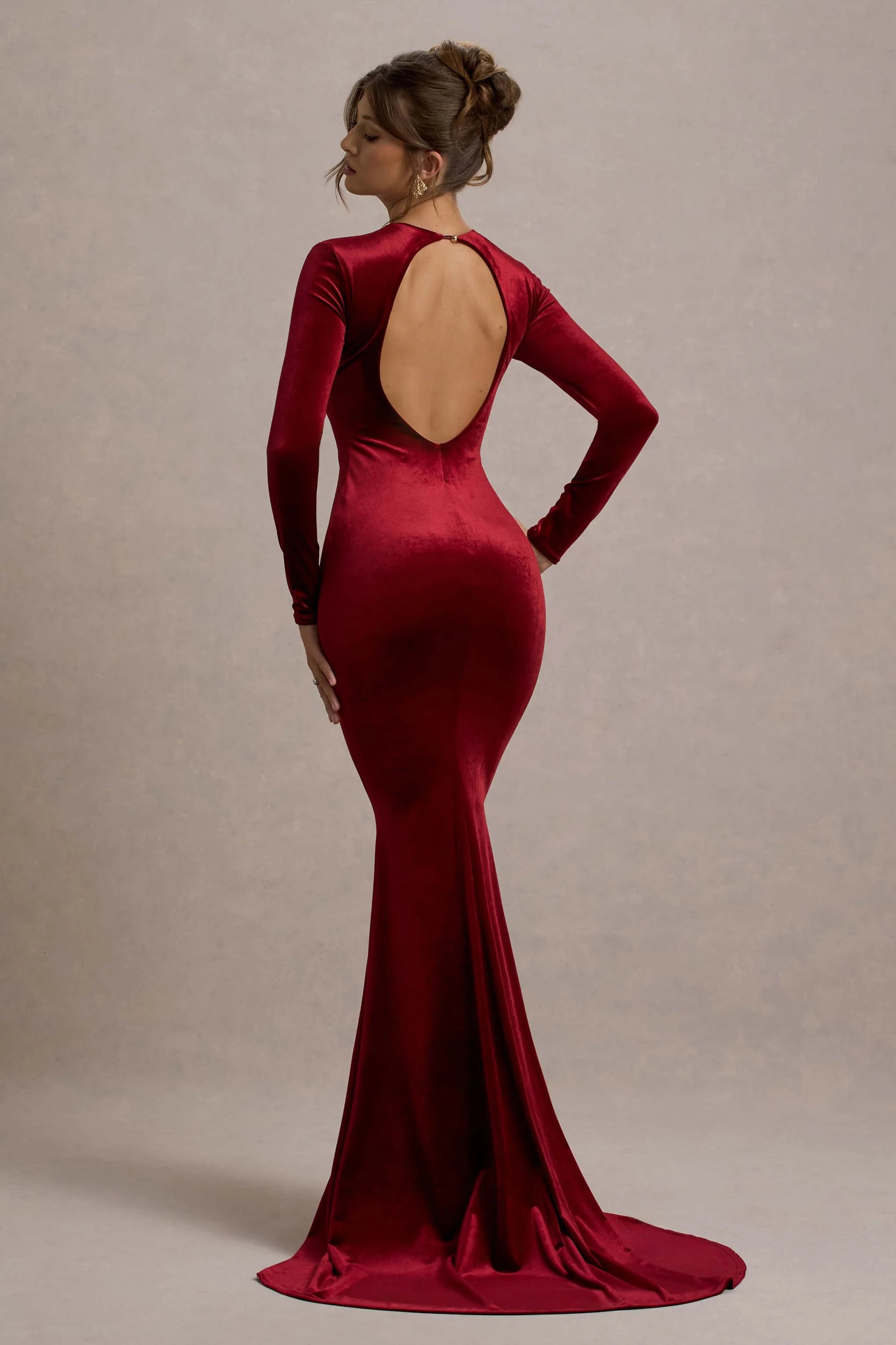 Keaton Berry Velvet Long Sleeve Open Back Maxi Dress