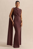 Patrina Brown High Neck Maxi Dress With Draped Detailing And Cape Sleeves