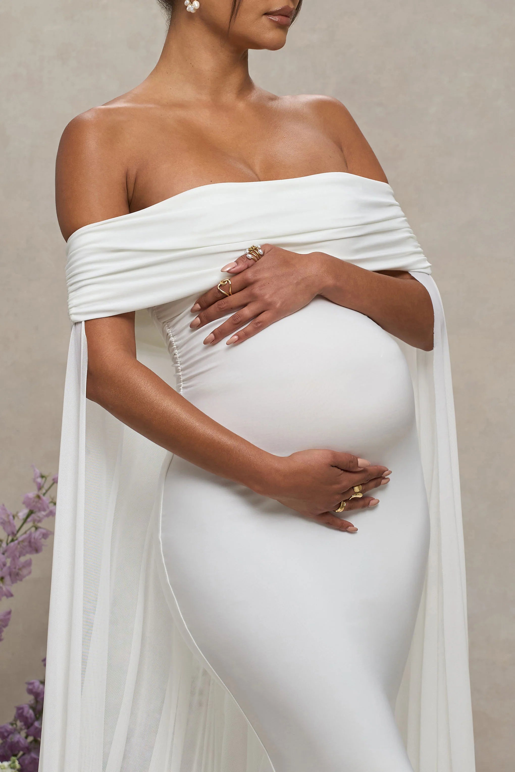 Carlotta White Bardot Maternity Maxi Dress With Chiffon Cape