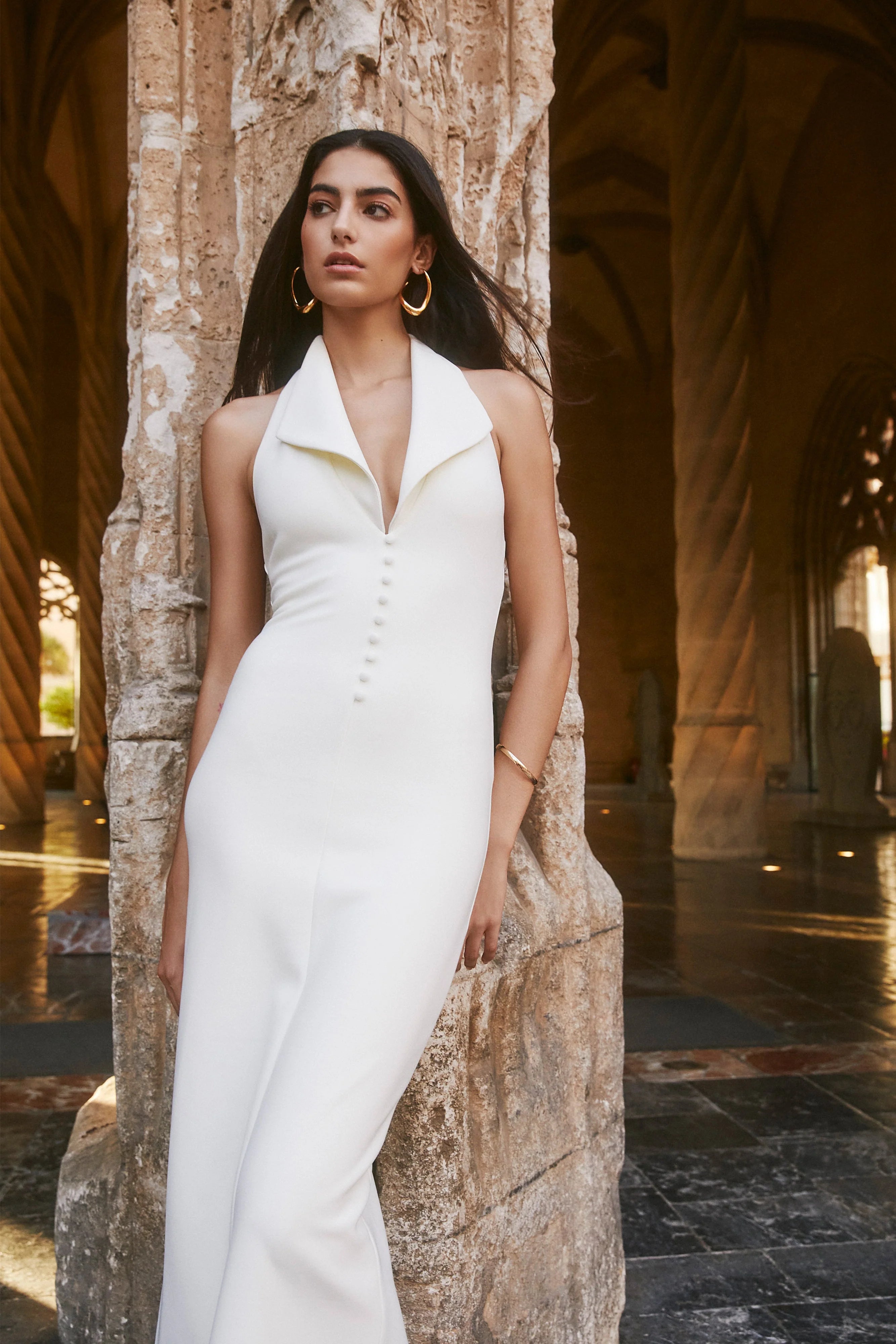 Annita Crepe Halter Midi Dress Ivory