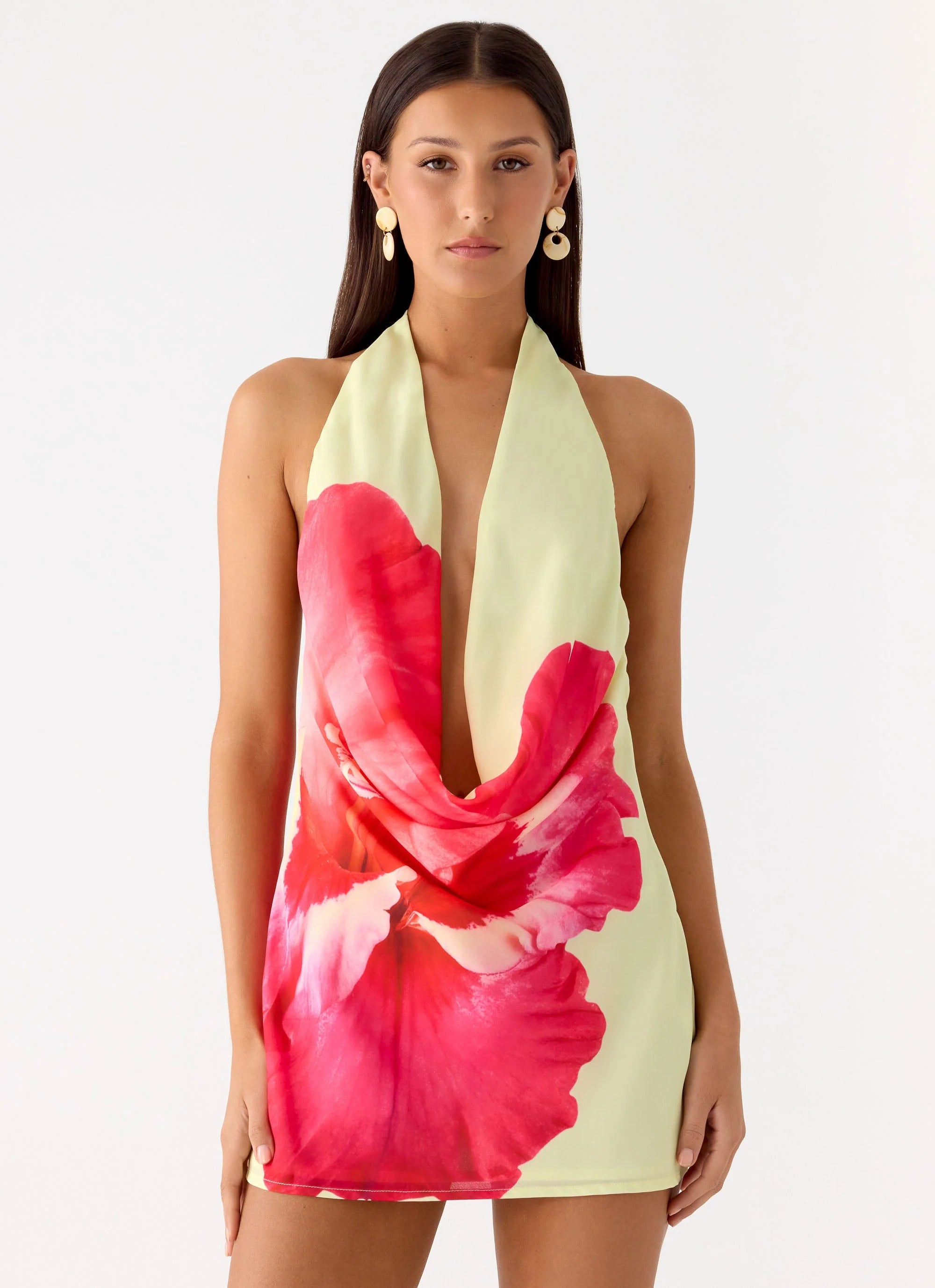 Varindra Cowl Mini Dress Yellow Floral Spritz