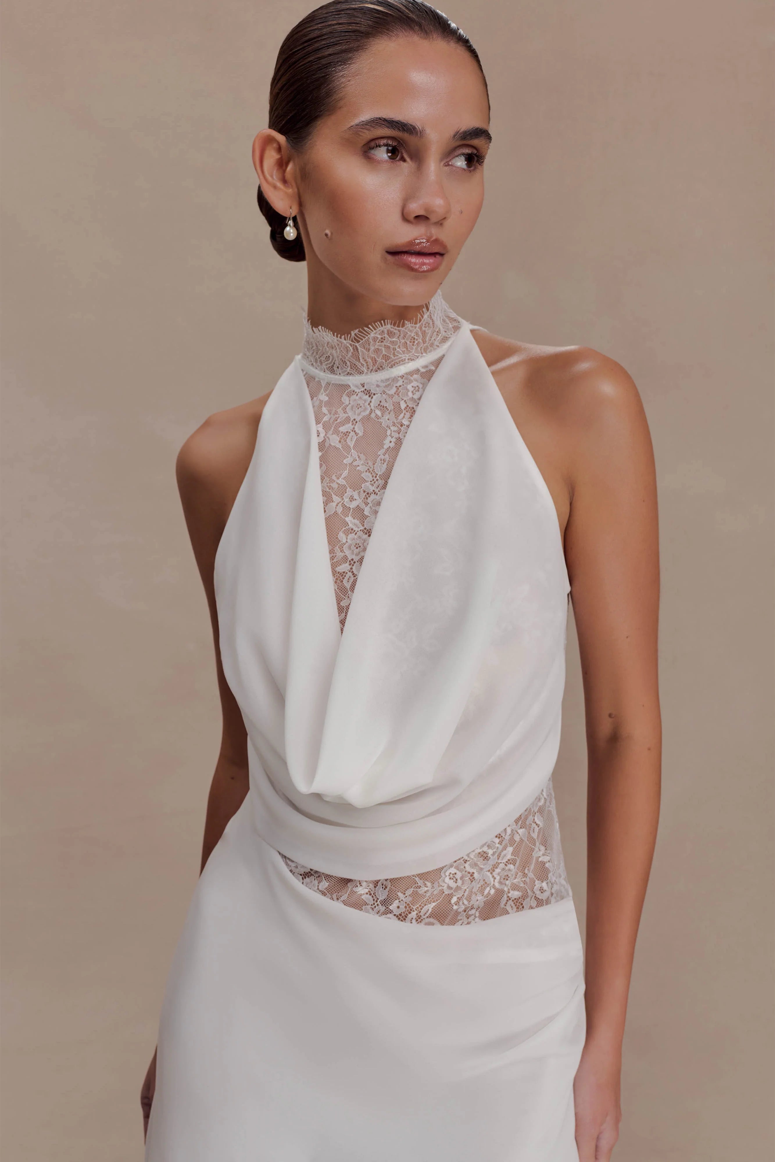 Arra Chiffon And Lace Halter Mini Dress White
