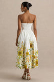 Ivory Sunflower Print Bandeau High Low Midi Dress