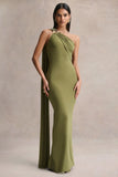 Mandy Olive Asymmetric Neck Maxi Dress With Gold Detail