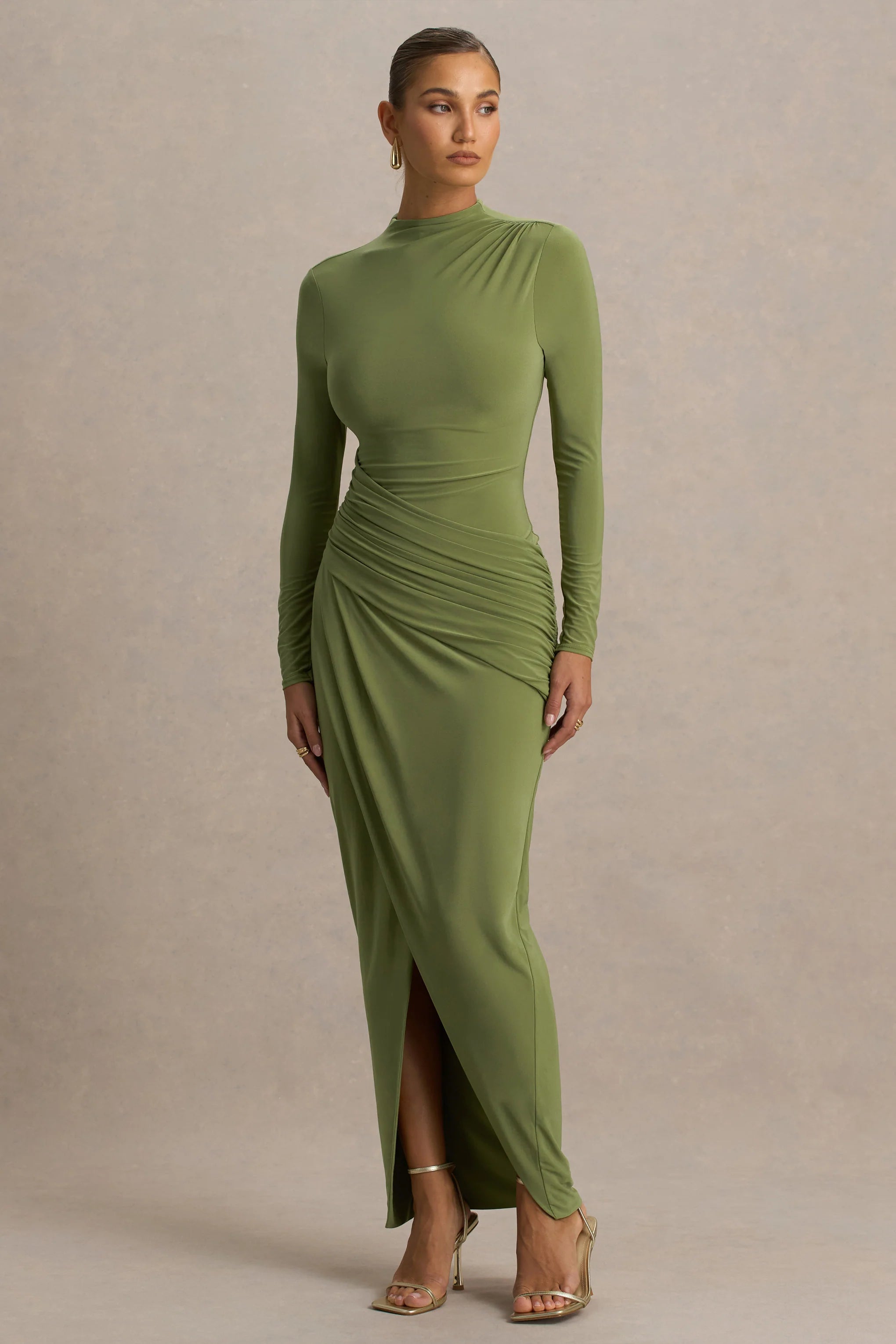 Zephyra Olive High Neck Wrapped Maxi Dress