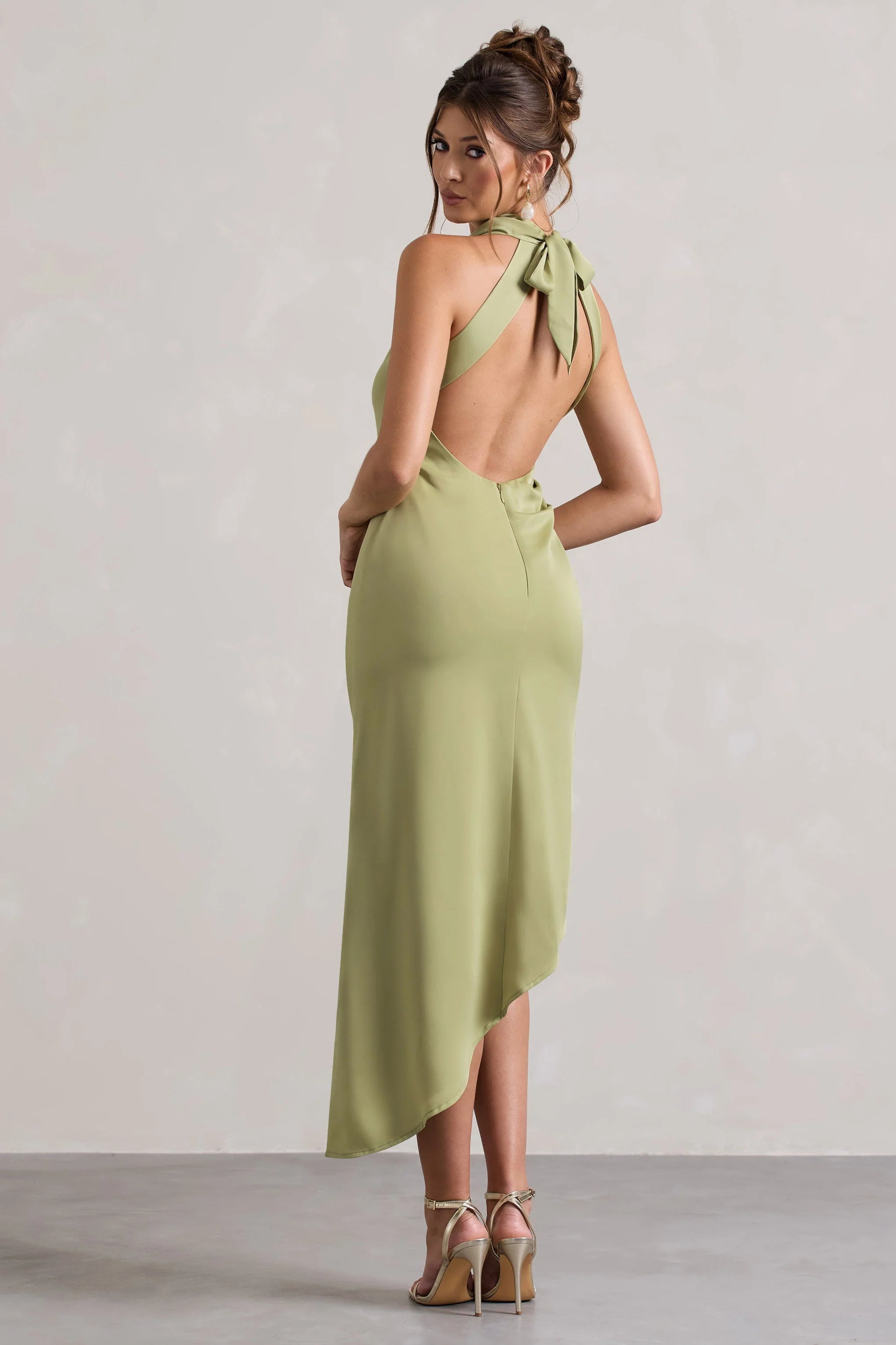 Sophina Light Olive Satin Cowl Neck Asymmetric Midi Dress