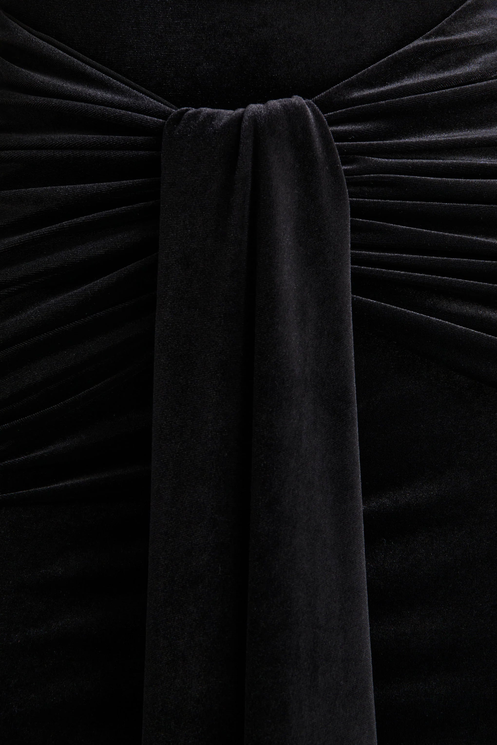 Idalina Black Velvet High Neck Maxi Dress With Gathered Detailing