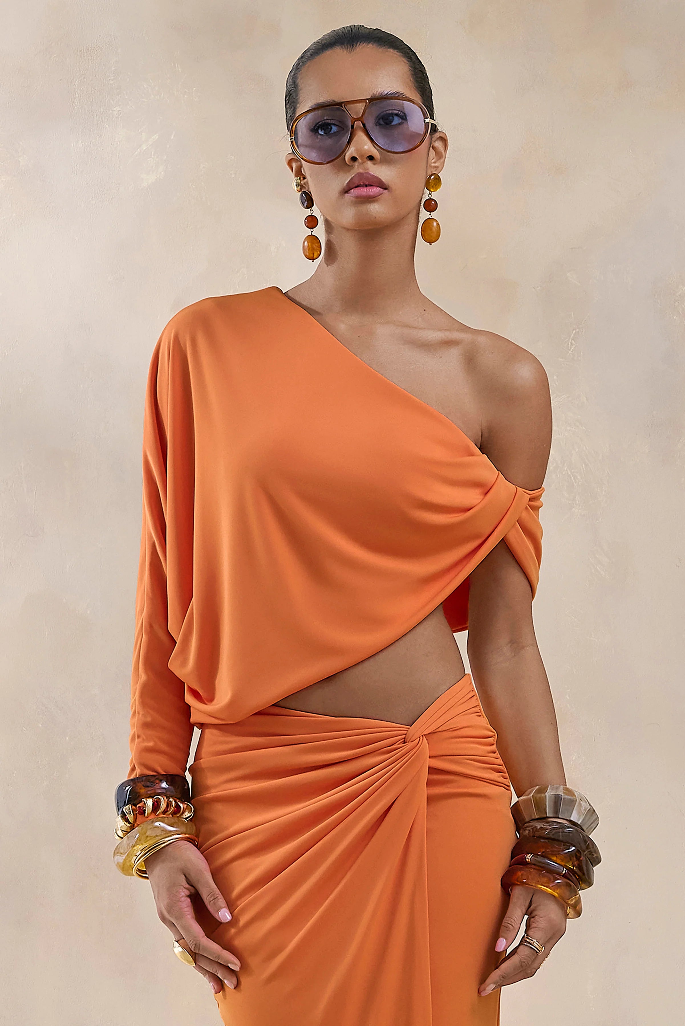 Dua Orange Asymmetric One Sleeve Draped Top