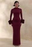 Jaselle Dark Plum High Neck Maxi Dress With Ruffled Satin Cuffs