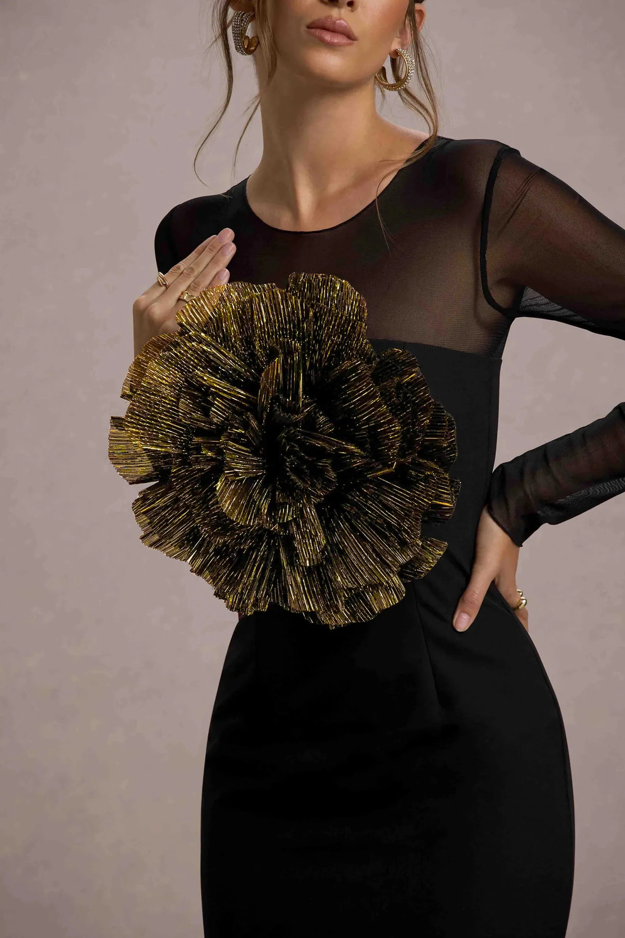 Ruchi Black Sheer Mini Dress With Corsage Detail