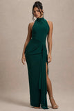 Khari Bottle Green High Neck Twisted Maxi Dress With Drape
