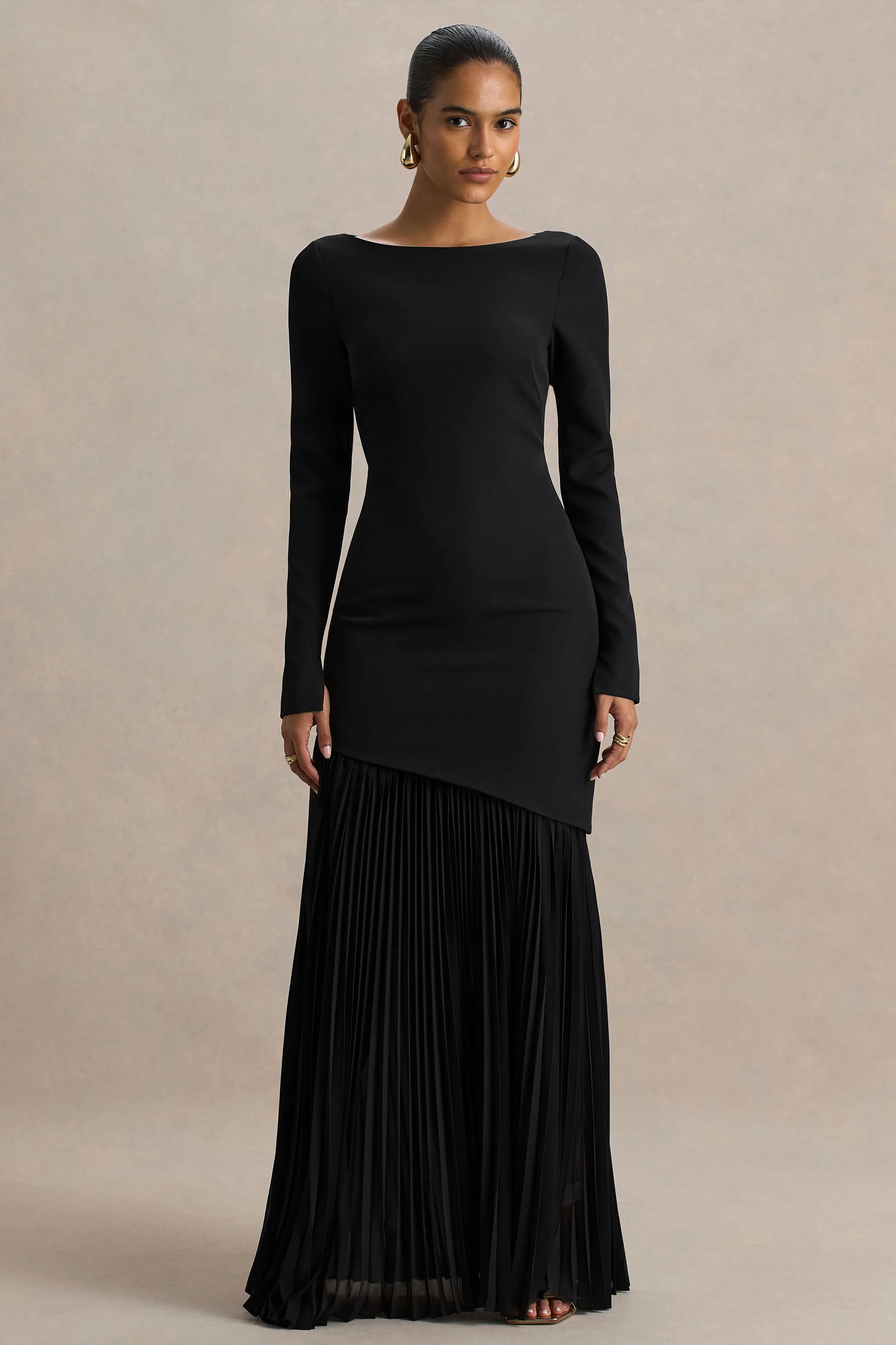 Yanira Black Crepe And Georgette Boat Neck Maxi Dress With Drop Waist