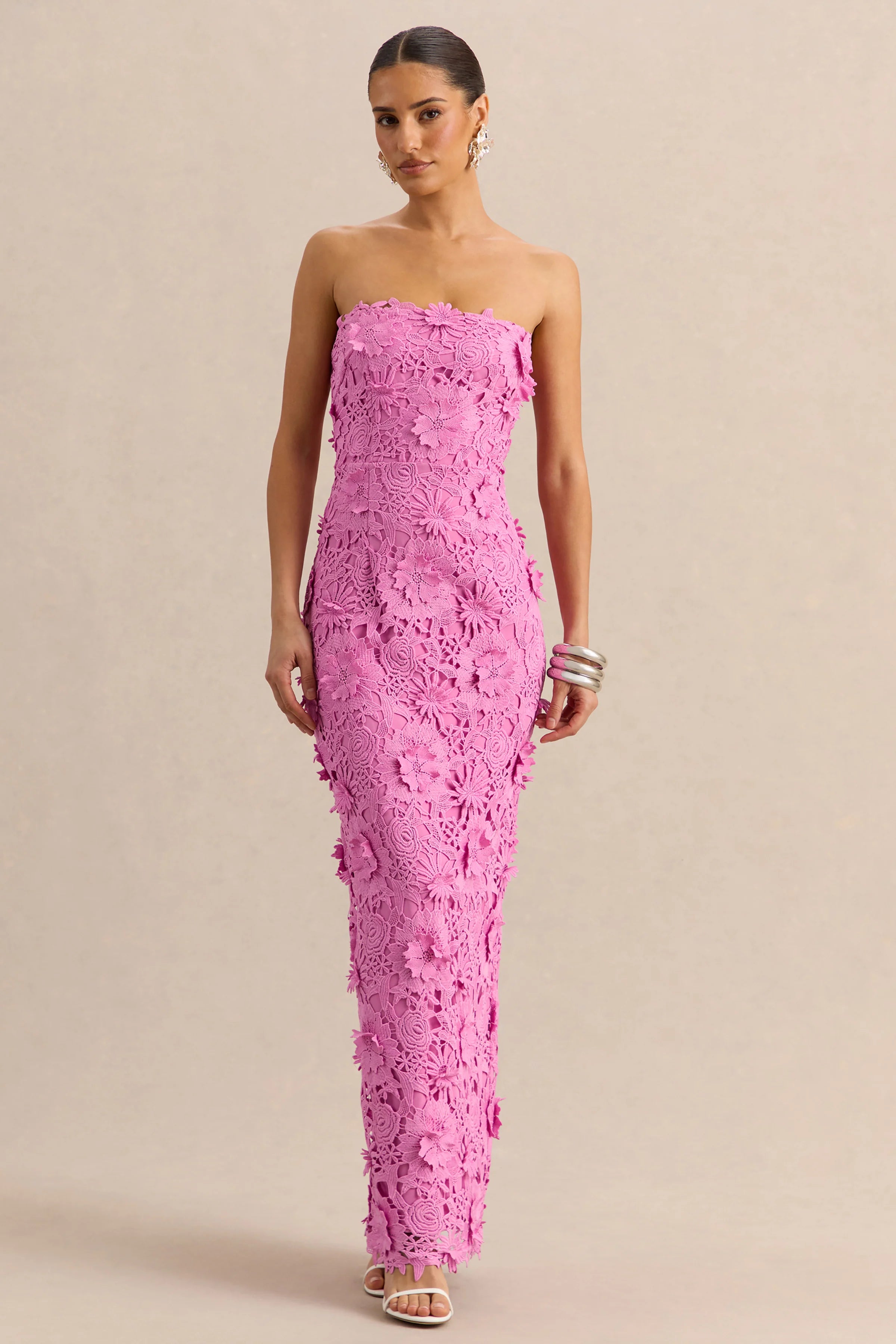 Gracie Pink Lace Bandeau Maxi Dress