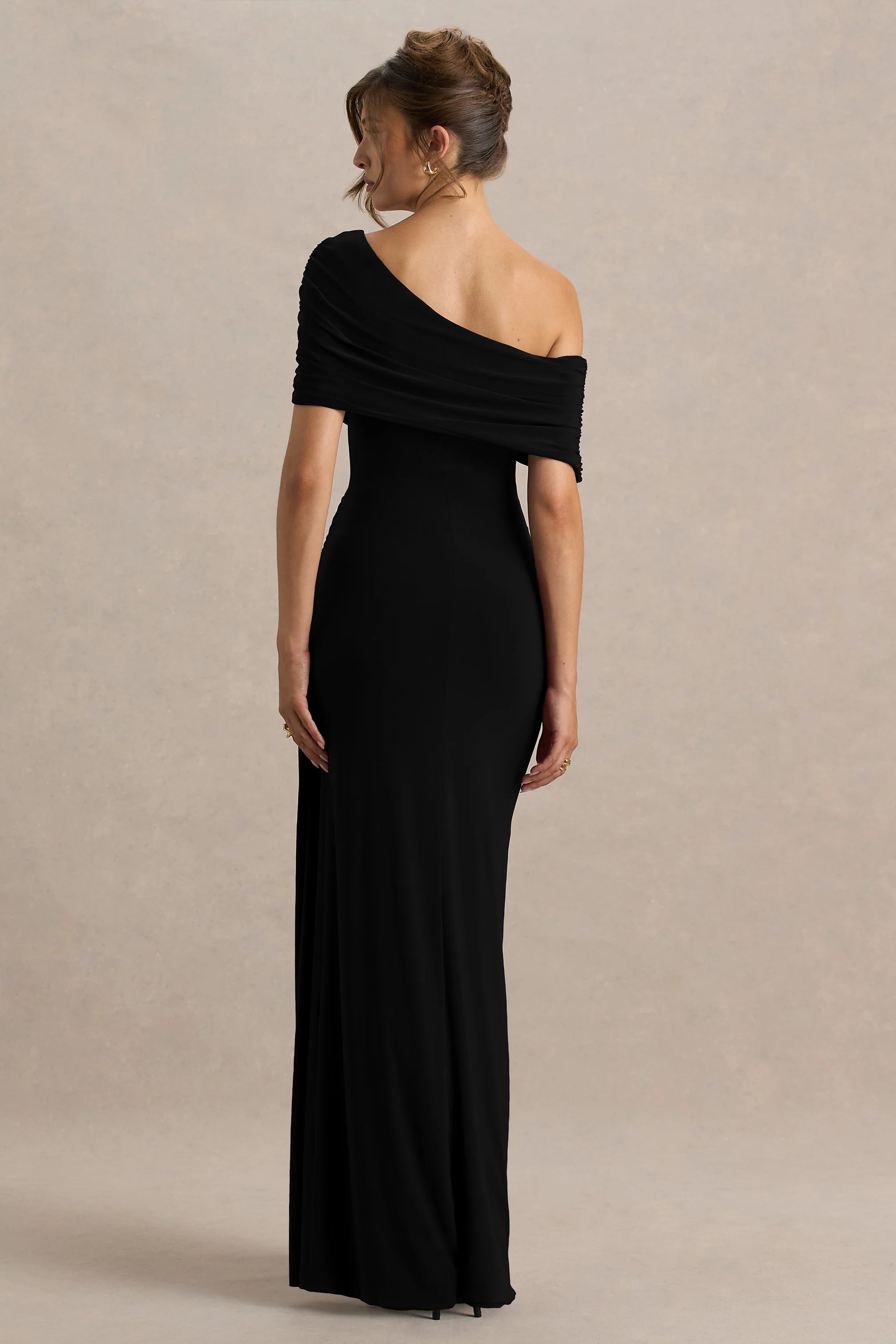 Dynasty Black Asymmetric Neck Maxi Dress With Ruched Detailing And Front High Split