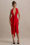 Auria Red Satin Devore Plunge Neck Midi Dress With Fringe Details