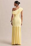 Kady Lemon Asymmetric Neck Maxi Dress With Ruched Detailing