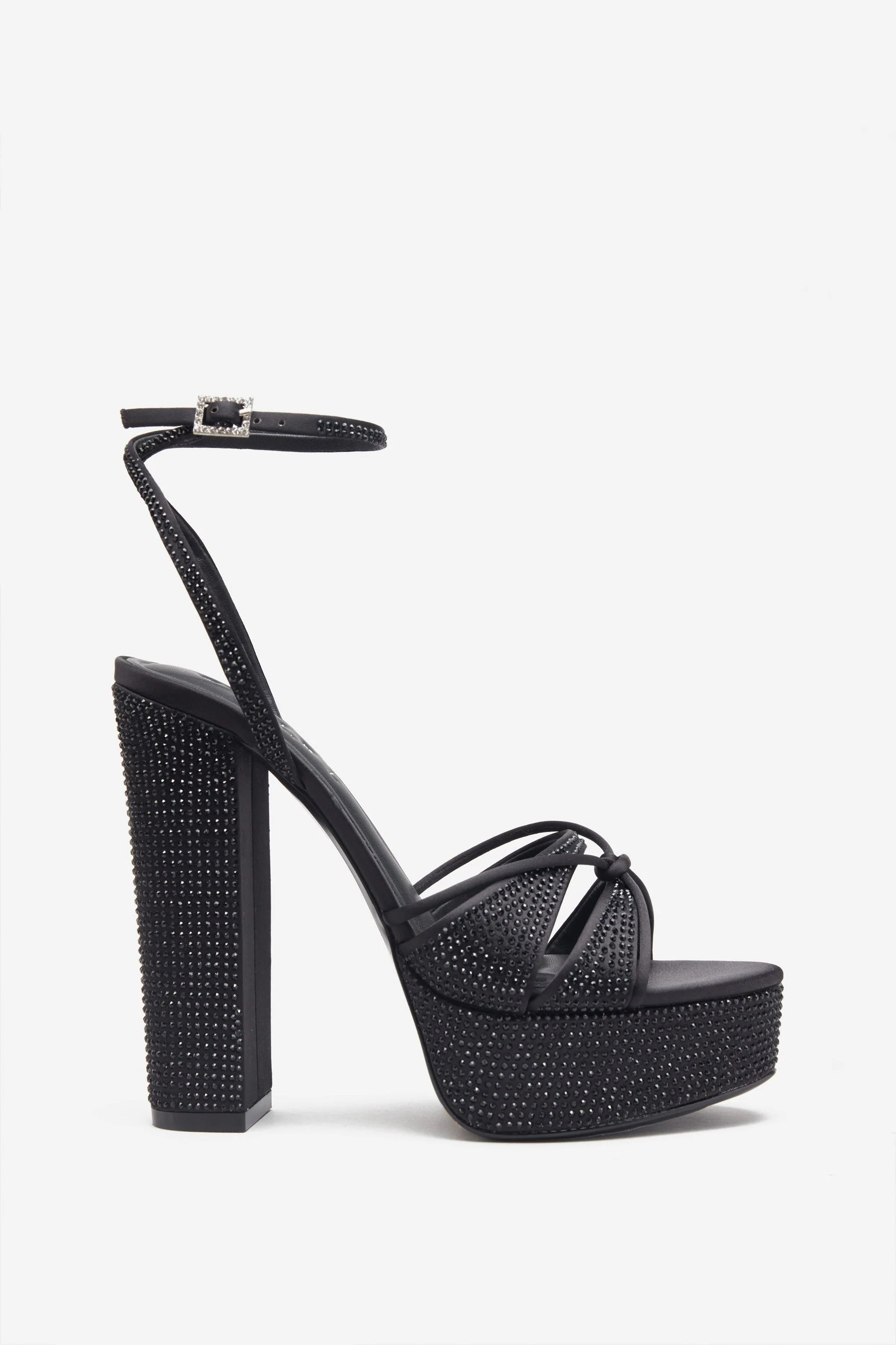 Crystal Cut Black Strappy Heeled Platform Sandals With Diamante Buckles