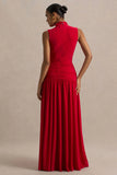 Cascade Red High Neck Maxi Dress With Twist Detail