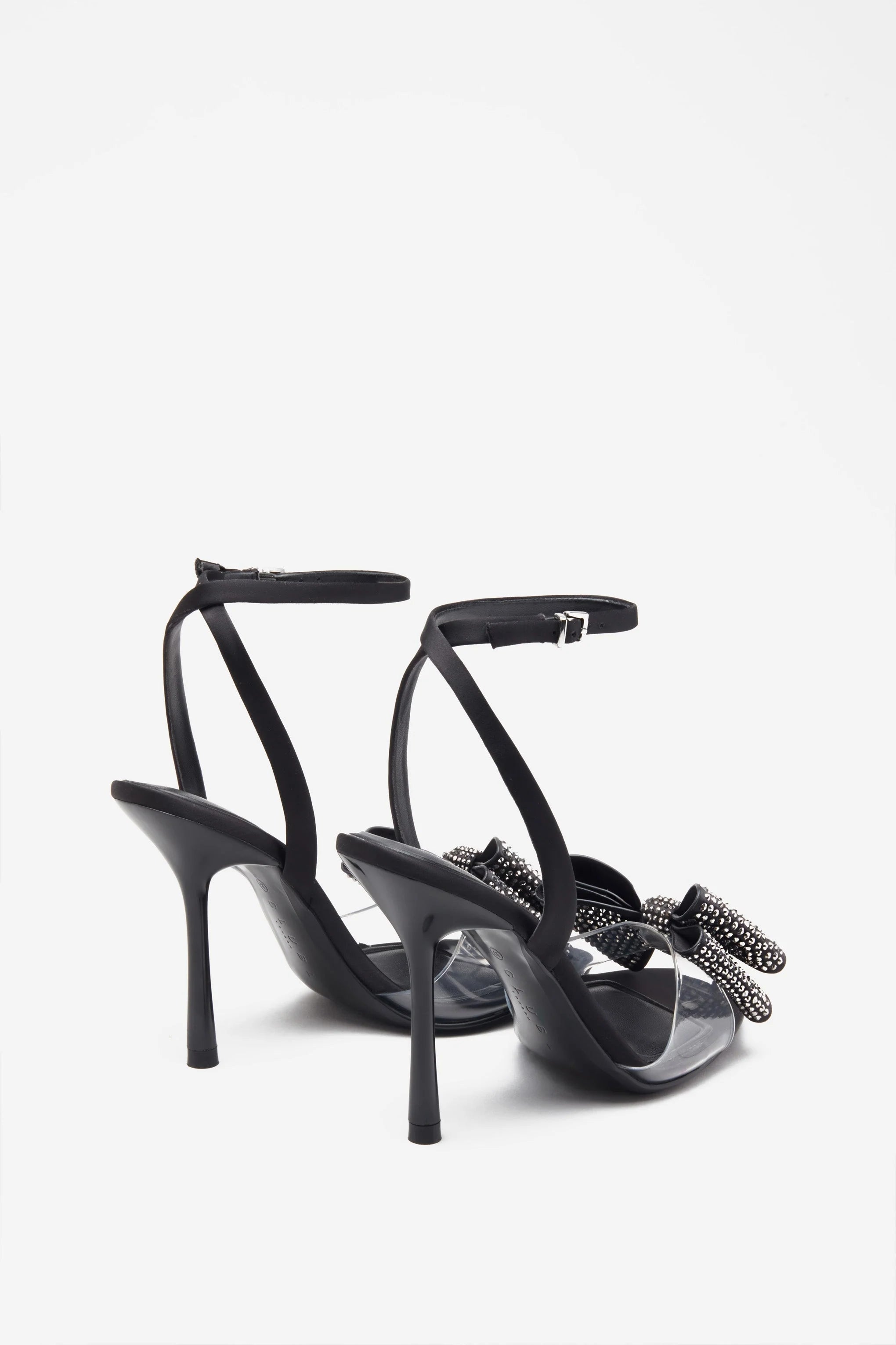 Bowing Black Satin Heeled Sandals With Diamante Bows