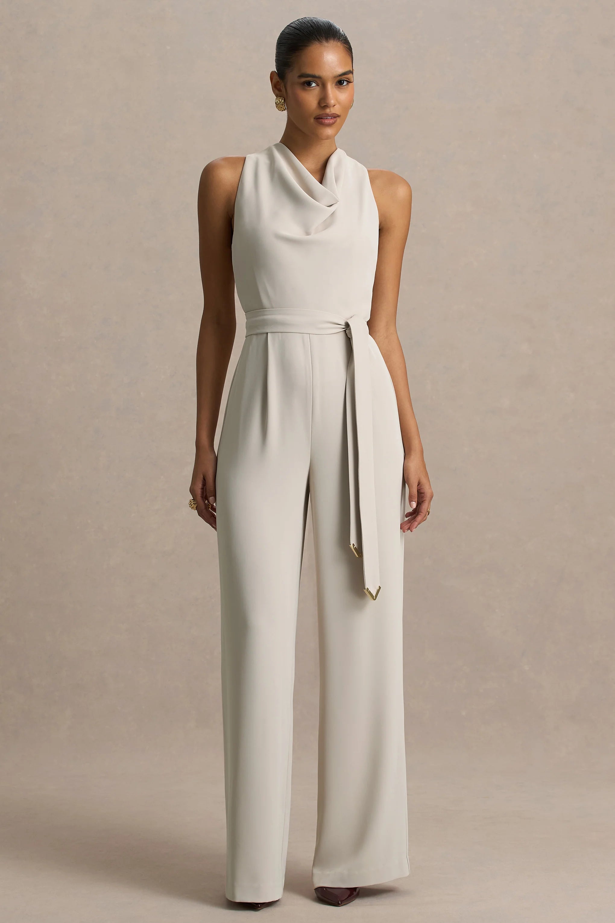 Corina Nude Cowl Neck Jumpsuit With Tie Detail