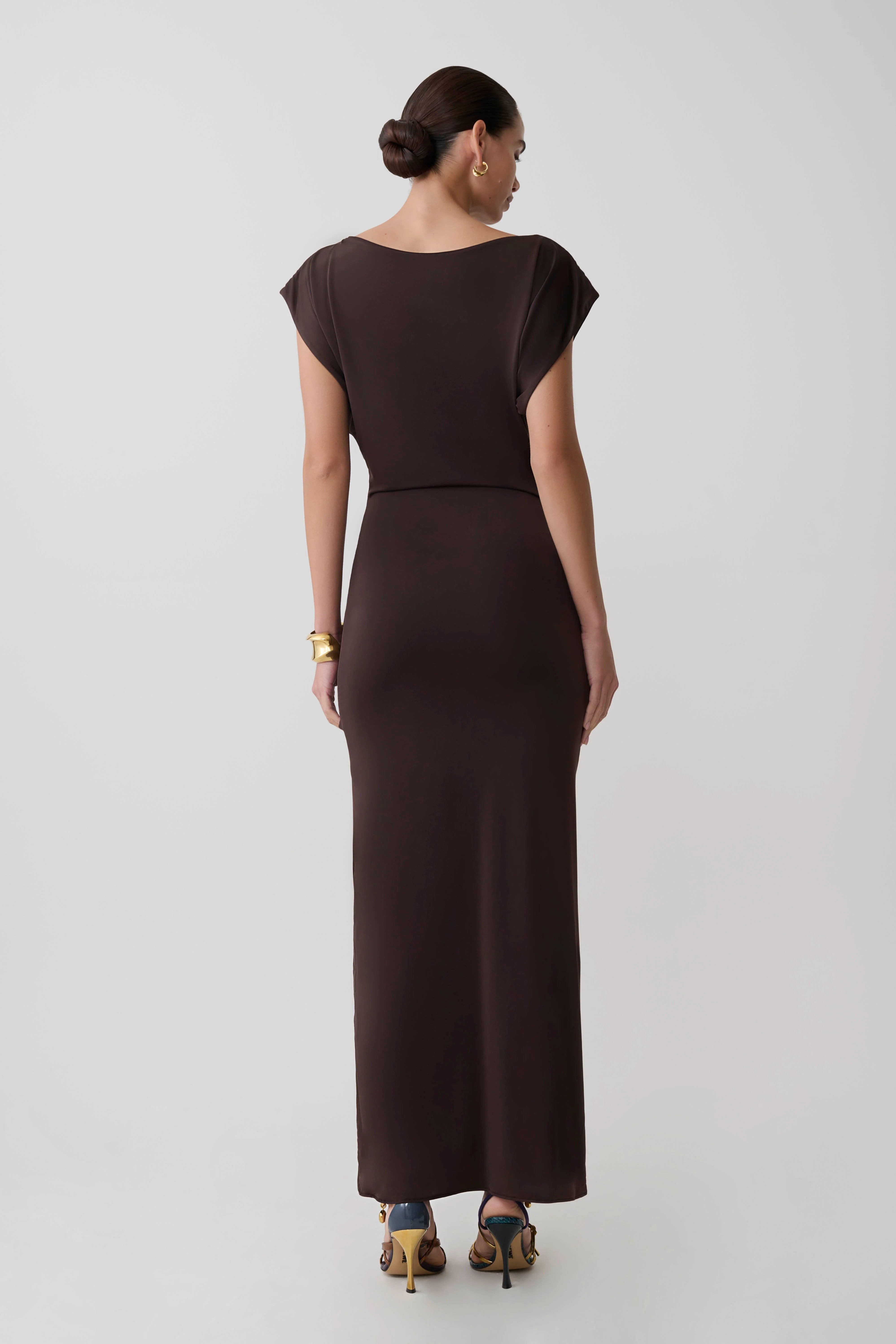 Maiara Shortsleeve Slinky Tie Maxi Dress Chocolate